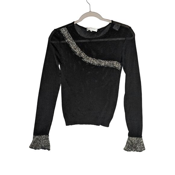 Anne Fontaine Mesh Blouse Size 1 Black White Bell Sleeve H03714‎ Crew Neck Sheer - Picture 1 of 12